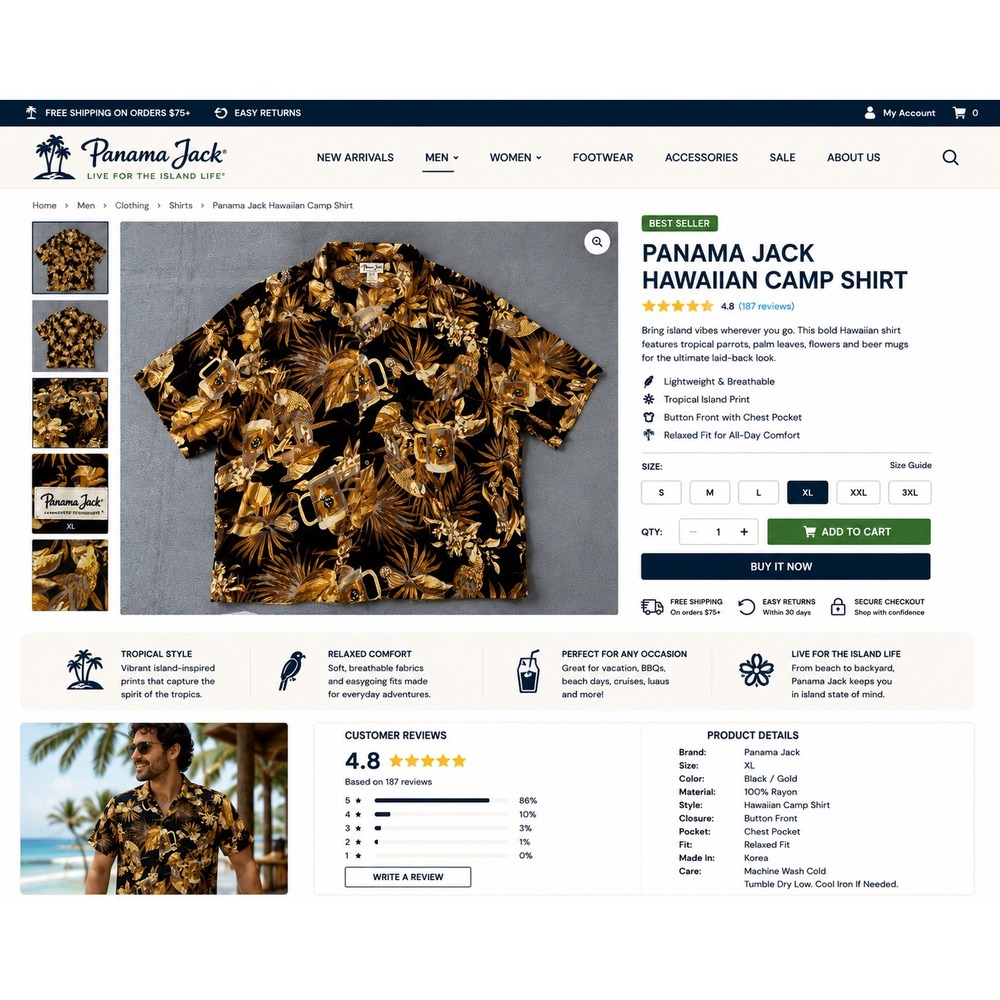 Panama Jack Men's Hawaiian Camp Shirt XXL Black Gold Tropical Island Aloha